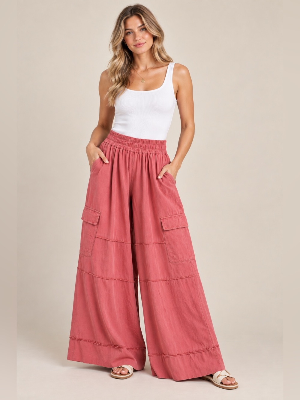 GIGIO 100% Cotton Wide-Leg Cargo Palazzo Pants – Dusty Rose